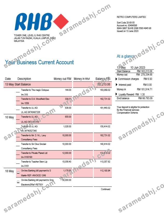 RHB Bank company checking account statement Word and PDF template
